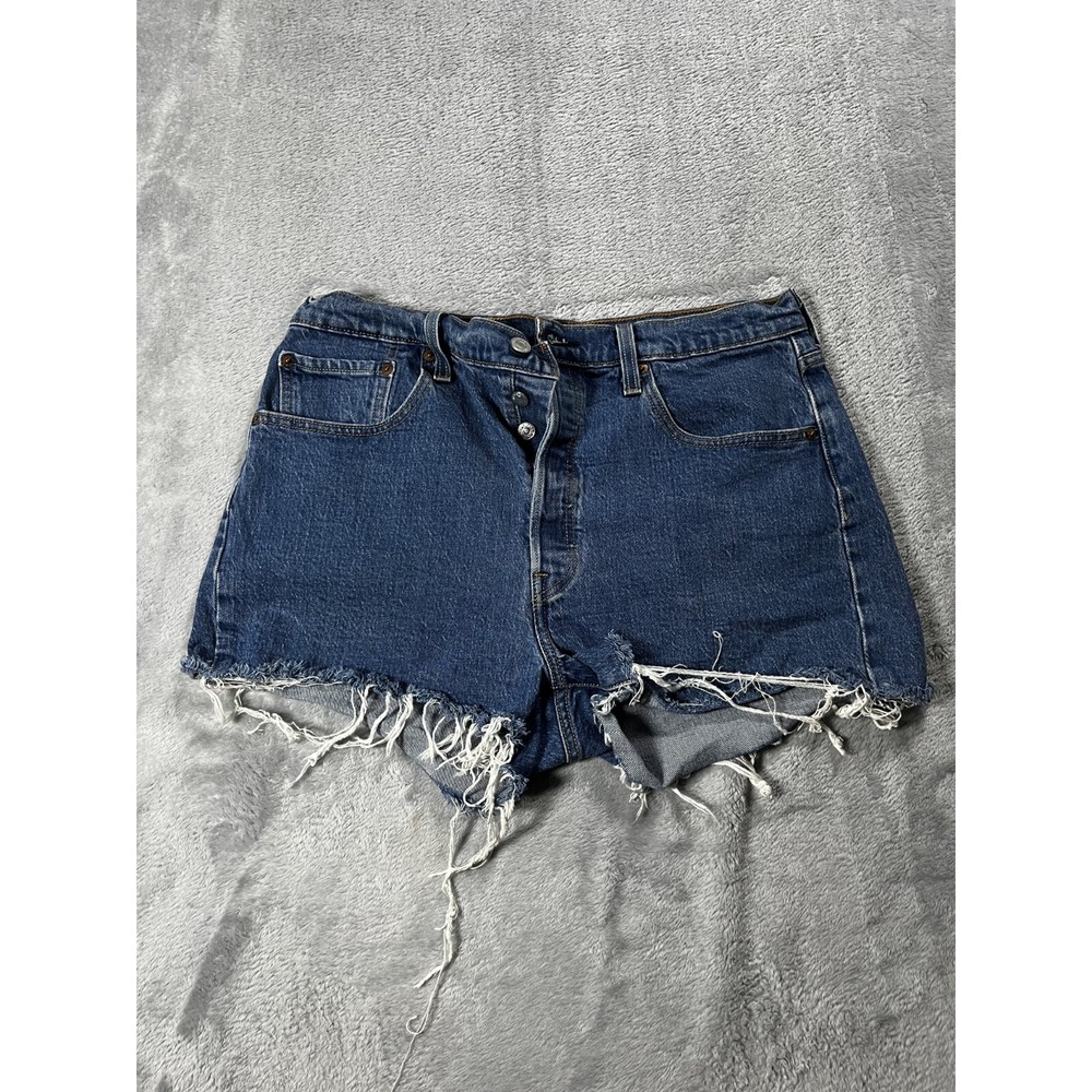 Levis 501 Denim Shorts Women Size 32 Button Fly High Rise Jean Dark Wash